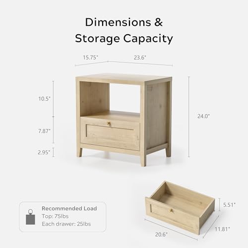 Image of EYYTHUNG Wooden Nightstands with Drawer Modern 24 inch Wide End Table Night Stand Large Farmhouse Bedside Table with Open Shelf Mid Century Night Stands for Sofa, Light Oak