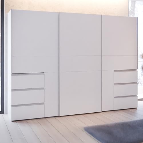 Forte Winn 2 Kleiderschrank 270, moderner Schwebetürenschrank, 3-türig, 6 Schubladen, Schlafzimmer, Holzwerkstoff, Weiß, 269,7 cm breit x 200,5 cm...