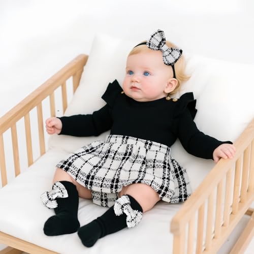 Newborn Baby Girl Plaid Outfits Long Sleeve Ruffled Romper Bodysuit with Bow Headband Socks Fall Winter Clothes3
