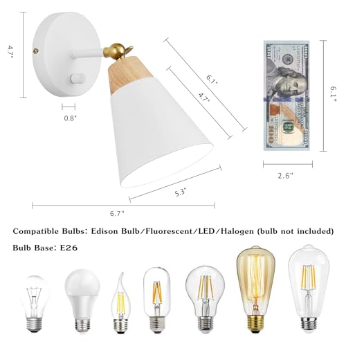 Image of Wall Sconce Lighting Fixture with Metal Shade, On /Off Switch, Indoor Decor Wall Mount Swing Arm Lamp for Bedroom,Hallway,Living Room,Reading, White