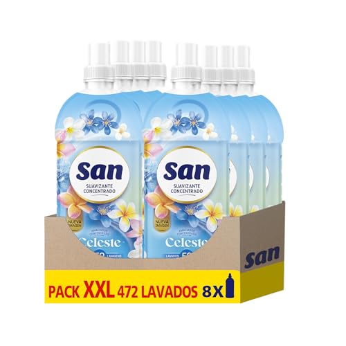 SAN | Suavizante Ropa Lavadora Líquido Concentrado | Fragancia Duradera Celeste | Pack de 8 x 59 Lavados = 472 Dosis