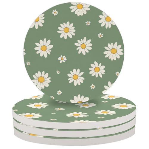 Image of Mintoprints White Daisy Coasters Set of 6, Absorbent Ceramic Coasters for Drinks, Coffee Table Decor, House Warming, 4 Inches