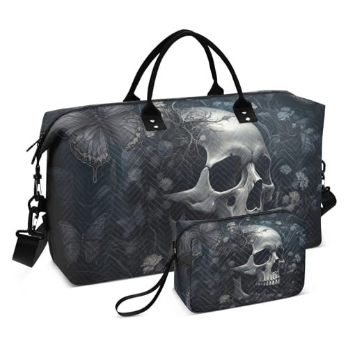 Large Travel Duffel Bag, Skull and Butterfly Sports Tote Gym Bag, Shoulder Weekender Overnight Bag for Women Men, Carry On Luggage with Toiletry Bags - Main Image