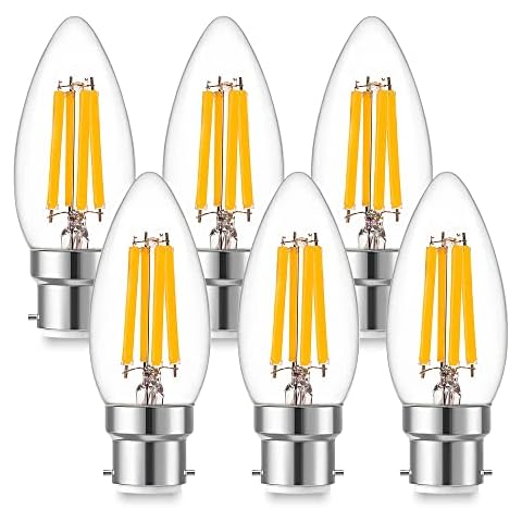 Genixgreen B22 Bayonet Cap Candle Bulbs ,6.5W C35 B22 Dimmable LED Filament Candle Light Bulbs, 60-80W Equivalent Warm White 2700K , 806LM,Decorative Light Bulbs Retro Clear Glass-6 Pack Cover