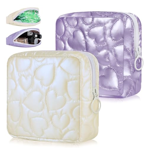 Image of 2PCS Sanitary Napkin Storage Bag Soft PU Leather Sanitary Pad Bags for Period Teen Period Pads Pouch for Panty Liners, Tampons, Menstrual Cup - White /Purple