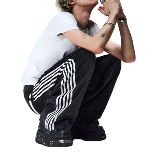 Women Men Track Jeans Side Stripe Low Rise Baggy Wide Leg Boyfriend Denim Pants Trendy Hip Hop Trousers Streetwear4