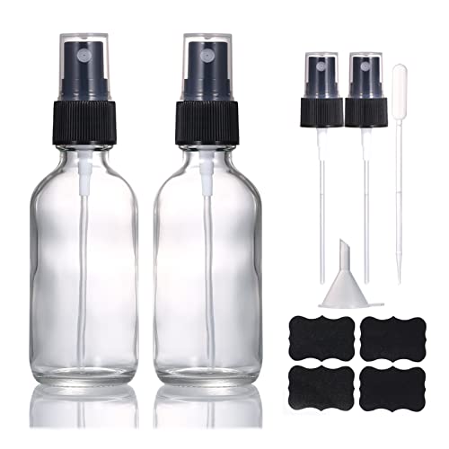 60ml Clear Glass Spray Bottles,Small Empty Fine Mist Perfume Refillable Reusable Travel Spray Bottle for Essential Oils/Hair/Aromatherapy/Cleaning/Cosmetic with Extra Spray Nozzle(2 Pack)