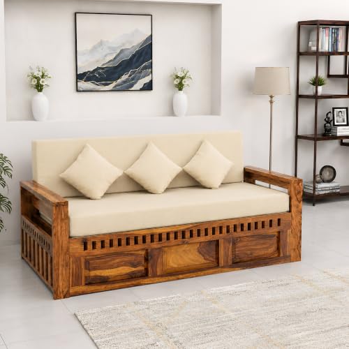 Image of SONA ART & CRAFTS Kuber Sheesham Wood Sofa Cum Bed 3 Seater with Storage and Side Pockets for Living Room Organizer Furniture Sofa Bed Home, Bedroom (Natural Finish)