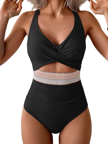 B2prity One Piece Swimsuit for Women Tummy Control V Neck Bathing Suit Color Block High Waisted Cutout Swimwear