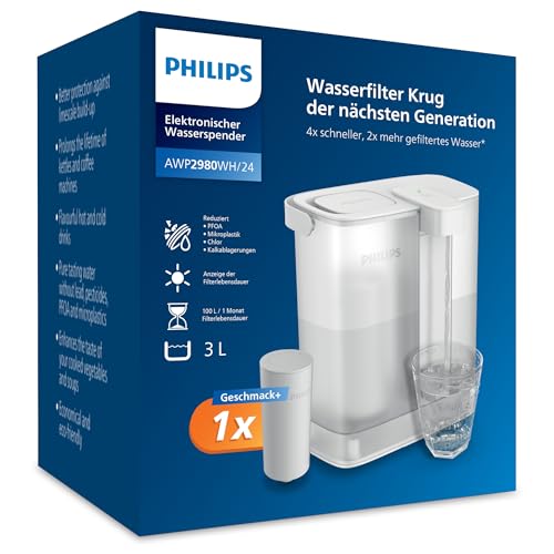 Philips Water Instant-Wasserfilter-Kanne (3 L) – Sauberes und gut schmeckendes Wasser in Sekunden – inkl. 1× Geschmack+ Filter, reduziert Chlor & Blei, erhält Mineralien