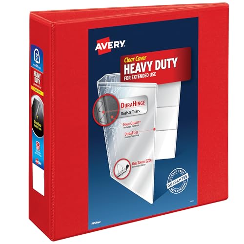 Avery Heavy-Duty View 3 Ring Binder, 3 Inch One Touch EZD Rings, 3.5 Inch Spine, 1 Red Binder (79325)
