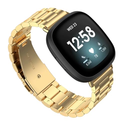 YODI Watch Band Compatible with Fitbit Versa 4/ Fit bit Versa 3/ Fitbit Sense/Sense 2 Band, Soft Replacement Silicone Wristband for Women Flexible Waterproof Sport Watch Strap for Men Large (Metal-Gold, Thin, Heavy Metal)