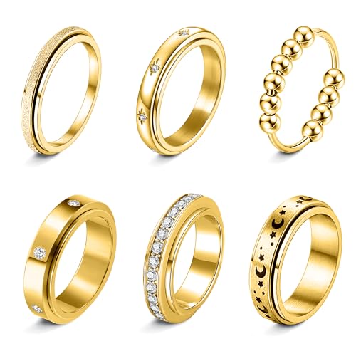 Fidget Rings for Anxiety 6pcs Stainless Steel Spinner Ring Anti Anxiety Ring Spinning Moon Star Cool Stress Relieveing CZ Band Rings Set for Women Men