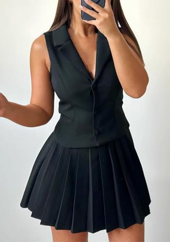 Tcremisa Women's Summer Skirts Suit - Chic Black 2 Piece Blazer and Mini Pleated Skirt Set in X-Large - Image 4