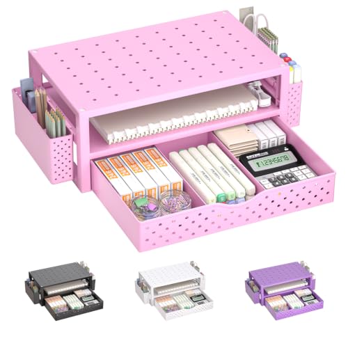 Image of WALI Desk Organizer with Drawer and Pen Holder, 3 Tier Computer Monitor Stand for Home Office Supplies, Laptop Stand Riser for Computer, Laptop, Printer(PTT004-P), 1 Pack, Pink