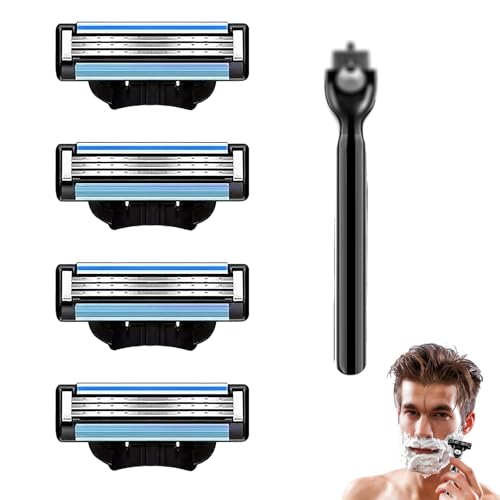 4Pcs Razor Blades Refills with 1 Handle Razors for Mach 3 Blades Replacement Blade with Double Lubrication Strip Compatible with Mach 3 Handles Shaving Manual Shaver Blade Men Father Boyfriend