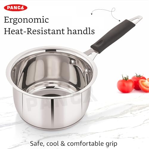 Image of PANCA Stainless Steel Sauce Pan for Tea & Milk, 16cm Triply Bottom Chai Pan with Handle, 1.6 Litre Induction Base Compatible Cooking Pot for Boiling, Sauce (Induction Bottom Capsule Bottom)