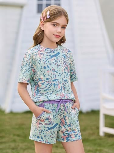 Image of Haloumoning Girls Summer 2 Piece Outfits Kids Oversized T Shirts and Shorts Clothing Sets 5-14 Years