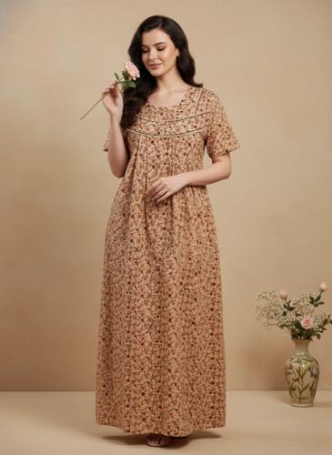 Image of Bahumaan Cotton Nighty for Women Full Length Stylish | Floral Print Cotton Maxi Dress for Women with Pocket | Sleepwear Gown for Women