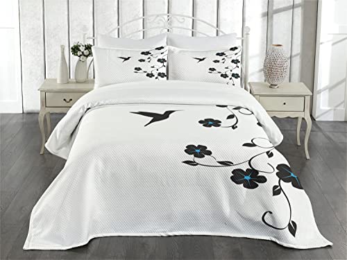 Lunarable Hummingbirds Bedspread, Floral Art With Hummingbird Minimalistic Design Nature Life Springtime, Decorative Quilted 3 Piece Coverlet Set With 2 Pillow Shams, King Size, Black And White #TOP1