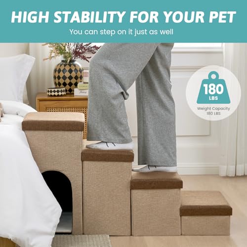 Image of Dog Stairs with Storage, 4-Step Wider Sturdy Dog Steps for Small /Medium /Large Dogs and Older Cats, Doggie Ramp with Condo for Bed /Couch /Car Hold Up to 180 lbs (22.6 inch H, Brown)