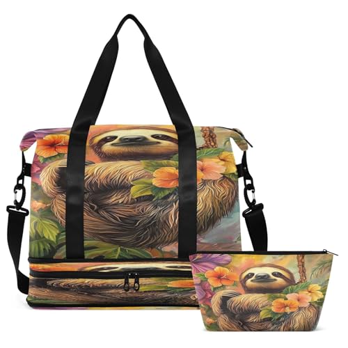Sloth Jungle Yellow Travel Duffel Bag for Women Men Gym Bag with Shoe Compartment Wet Pocket Carry On Weekender Overnight Bags for Hospital Gym Travel