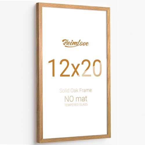 Heimlove 12x20 Picture Frames Solid Oak Wood,12 x 20 Photos Frame with Tempered Glass,Wall Gallery Poster Frame with No Mat,Horizontal and Vertical for Wall Mounting,Home Office Decoration,Natural Oak Color