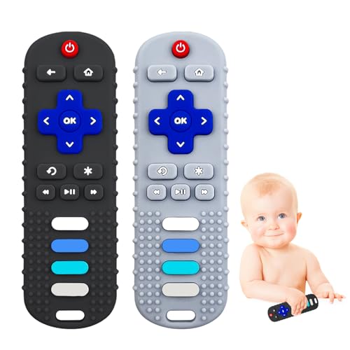 Image of ERSIHUA 2-Pack Silicone Baby Teething Toys, TV Remote Teethers for 18 Months Infant, Fire Remote Shape Toddlers Silicone Teethers for Boys and Girls (Black+Grey)