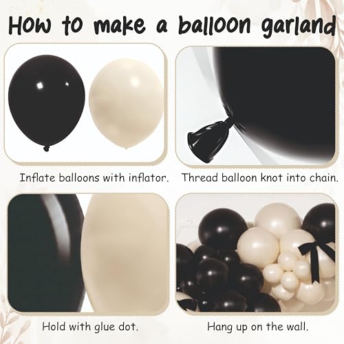 Image of Balloon Garland Kit, Black & Sand White with Ribbon Bows, Birthday Decoration, Pack of 61 pieces