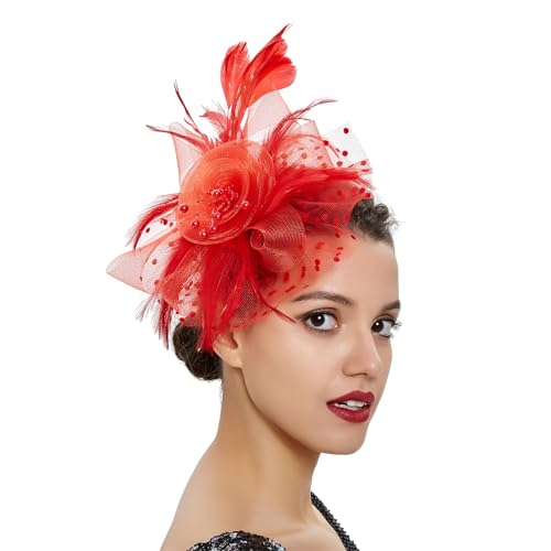 Traderplus Fascinator - Sombrero de malla con plumas para el pelo, clip de boda, damas, día del té, fiesta, diadema para mujer y niña (Red)