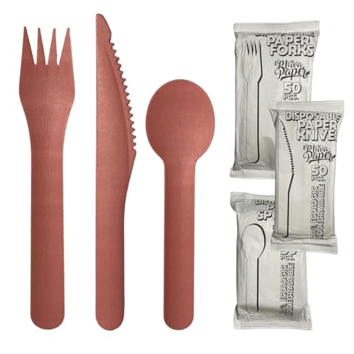 Cubiertos Desechables de Papel Rosa 150 Piezas (50 Tenedores, 50 Cuchillos, 50 Cucharas) | Resistentes, Compostables y Biodegradables | Pack Grande para Fiestas, Eventos y Catering | VP VIVA PAPER