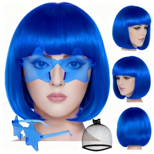 Image of ANOGOL Royal Blue Bob Wig with Bangs Navy Blue Wigs for Women Colored Wigs | Hair Cap+Sunglasses Short Neon Wig for Bachelorette Party Funny Outfit for Women Halloween Costume Night Club Crazy Hair Day