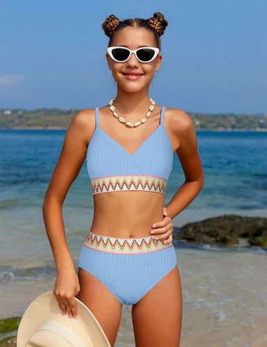 Image of DONWEN Girls Swimsuits V Neck Bikini Set Textured High Waist Girl Two Piece Bathing Suit