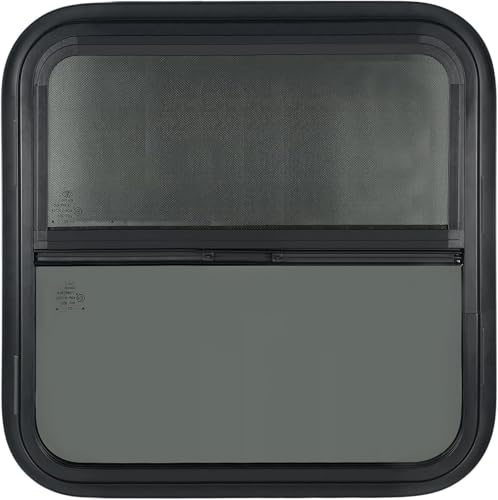 OUTPRIZE Vertical RV Window 18 W x 18 H Tinted Sliding RV Window with Net Screen and Trim Ring Suitable for 1-1/8 Thick Walls DOT Approved