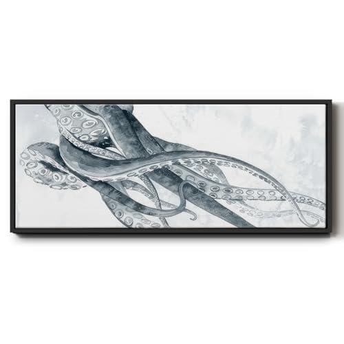 Renditions Gallery Floater Framed Home Decor Depicting Octopus in Blues Canvas Painting and Prints for Bedroom Office Kitchen Lobby - 8"x20" Black Frame LT615