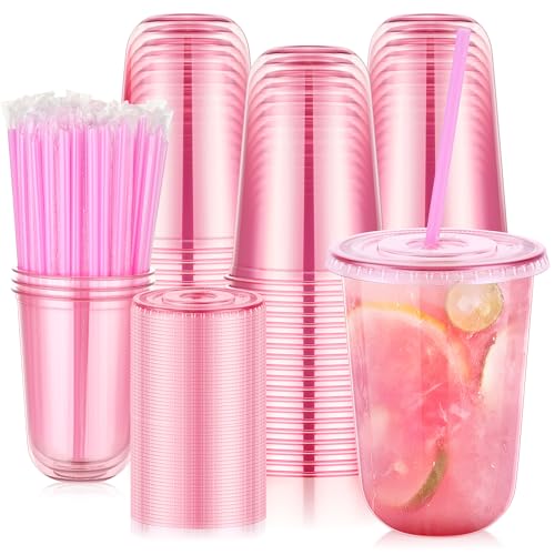 tchrules 100 Set 16oz Plastic Cups with Lids & Straws Disposable Pink Clear Iced Coffee Cup with Lid Round Bottom Plastic To Go Cups for Cold Drinks Slushie Smoothie Valentine Holiday Party Supplies