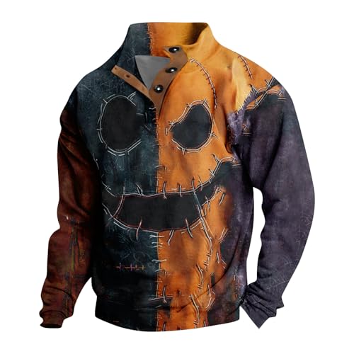 Halloween Sweatshirts for Men Cool Button Henley Hoodie Spooky Pumpkin Face Print Pullover Funny Long Sleeve Tops