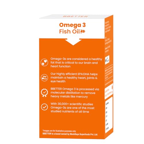 Image of BBETTER Omega 3 Fish Oil Capsules 1000mg | Lab Tested Fish Oil Capsules | Lab Report Attached |High Absorption for Heart, Joints, Eyes & Brain | No Fishy Burps |180 EPA :120 DHA | 60 Softgels