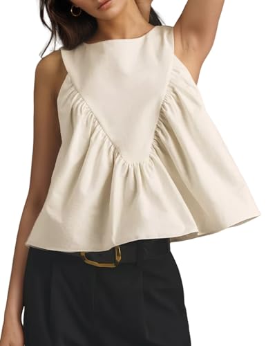 Wyeysyt Peplum Tops for Women Shirred Swing Tank Tops Pleated Flowy Vest Casual Sleeveless Blouse Loose Fit Ruffled Shirts