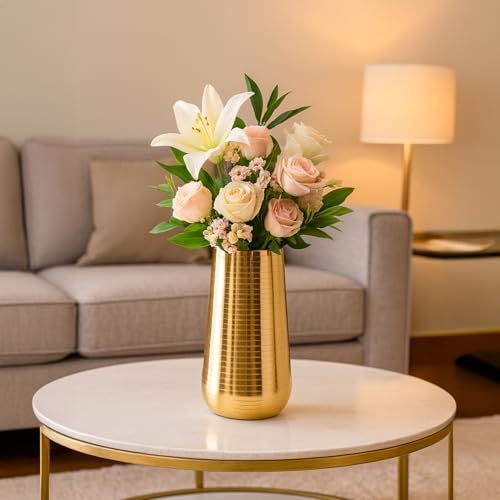Image of Market99 Golden Metal Flower Holder|Tapered Cylinder Shape Vase with Ribbed Design & Glossy Texture|Decorative Accent for Living Room, Tabletop, Shelf, Office & Gifting|Sleek, Refined & Stylish Decor
