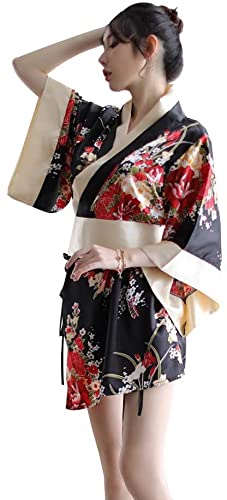 HNYBD Kimono japonés sexy traje de lencería tradicional Yukata para mujer, Negro, talla única