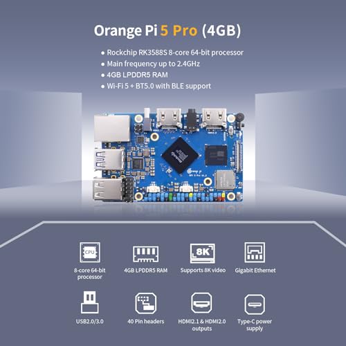 Image of Generic Orange Pi 5 Pro 4GB LPDDR5 8 Core 64 Bit RK3588S Single Board Computer, 8K Video Decoding 2.4GHz Frequency WiFi Bluetooth Open Source Board Run Orange Pi OS, Android, Debian, Ubuntu
