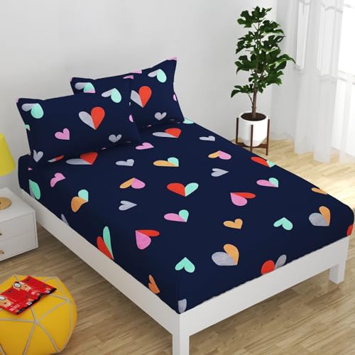 Image of Glace Cotton Double Bedsheet 90x90 Inches with 2 Pillow Covers - Dark Blue Heart Printed Sheet for Bed - Soft Flat Bed Cover Set for Kids Girls Room Hostel Dorm - Blue Heart