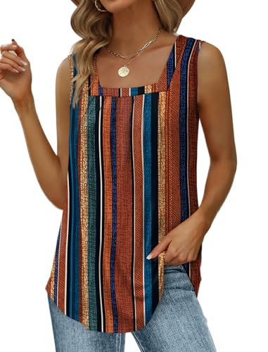 Image of Saloogoe Summer Tank Tops for Women Loose Fit Pleated Square Neck Sleeveless Tops Curved Hem Flowy