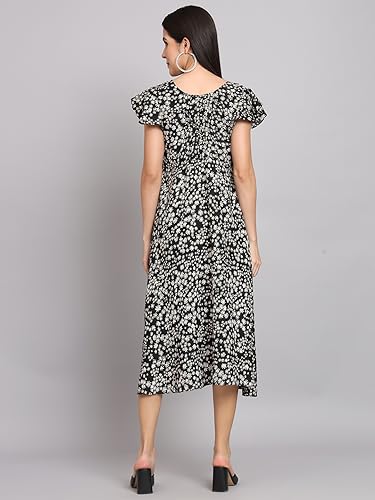 Image of Dream Beauty Fashion Women's Polyester Printed A-line Round Neck Bell Sleeve Knee-Long Dress (Elora-Dress-01)
