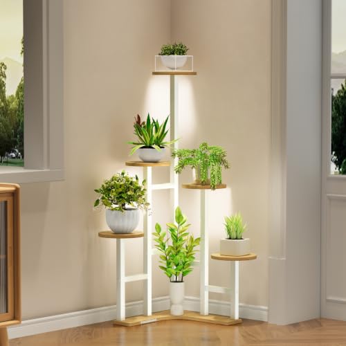 Image of Corner Plant Stand Indoor with Grow Lights 6 Tiered Corner Plant Shelf | Flower Stand for Multiple Plants, Plant Shelves Organizer Rack for Living Room, Balcony, Patio, Garden, White Oak