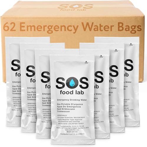 SOS Food Lab Emergency Water Pouches - 2 Gallons (62 Count, 4.2 Fl Oz Each) - Triple Purified, UV Sterilized Filtered Drinking Water for Disaster & Survival Kits - 5 Year Shelf Life, US Navy Approved