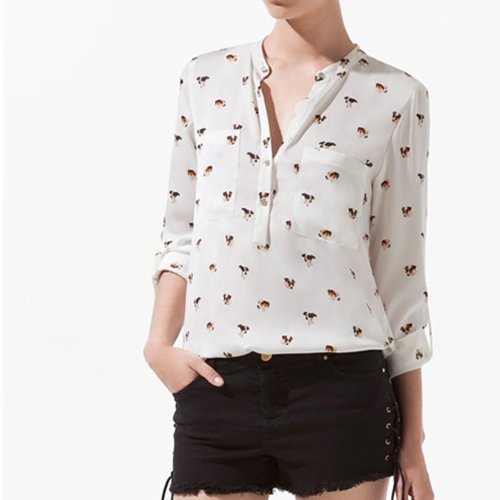Finejo Women Dog Print V Neck Long Sleeve Chiffon Shirt Tops Blouse (S)