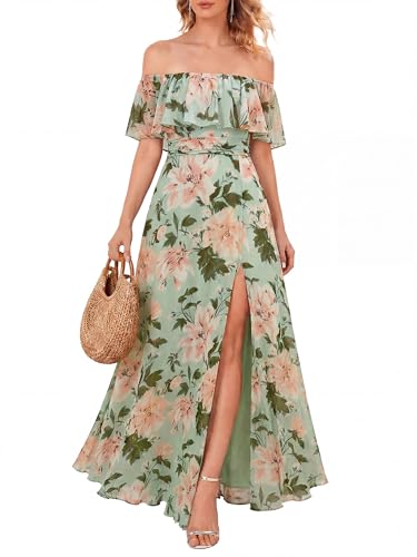 Image of Ever-Pretty Women's Summer Off The Shoulder Flowy Chiffon Formal Wedding Guest Dresses Maxi Side Split Beach Bridesmaid Dress