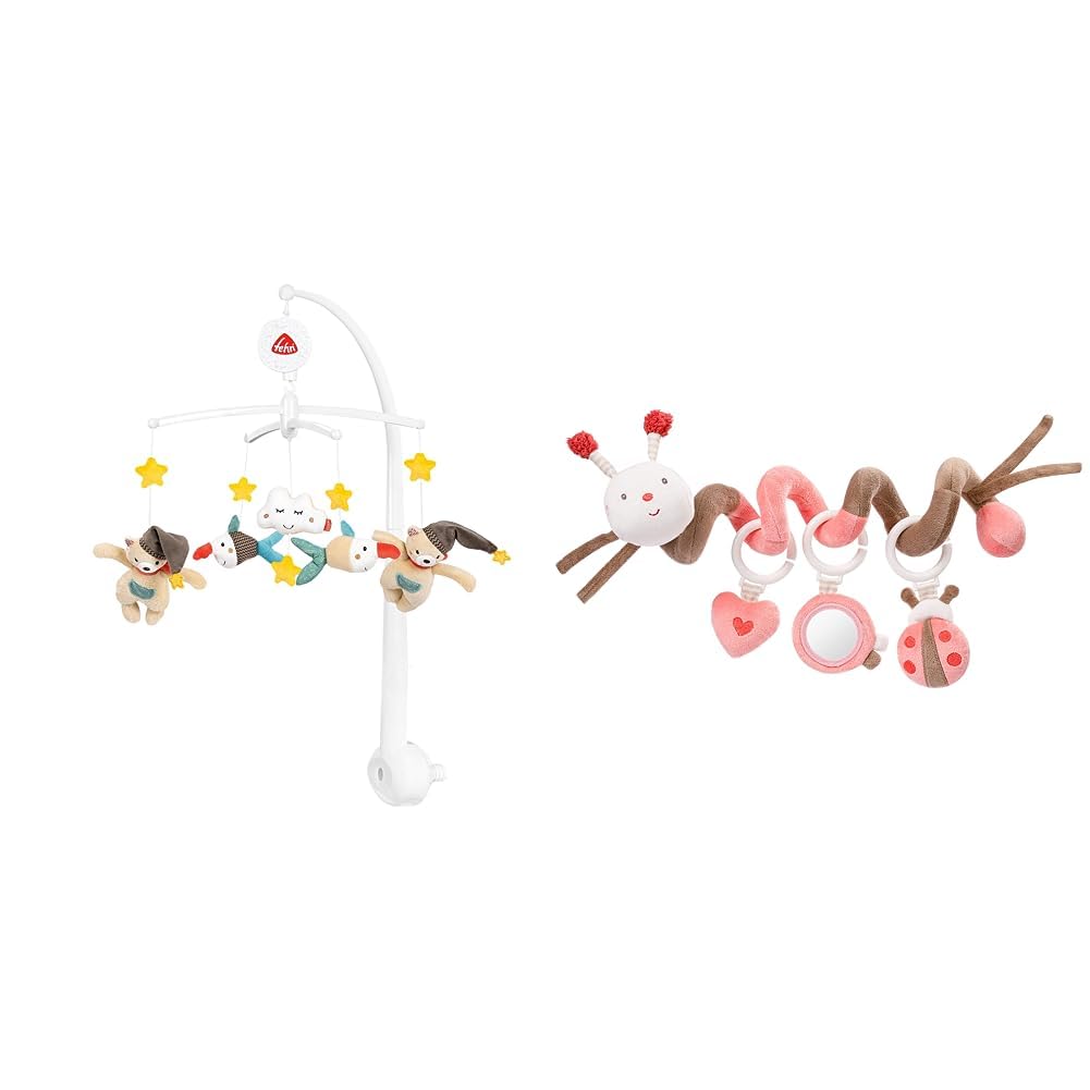 Fehn Musik Mobile Bruno - Baby Einschlafhilfe Musikspielzeug mit süßen Tieren & Activity Spirale Biene - Kinderwagen Spielzeug zum Fühlen und Greifen
